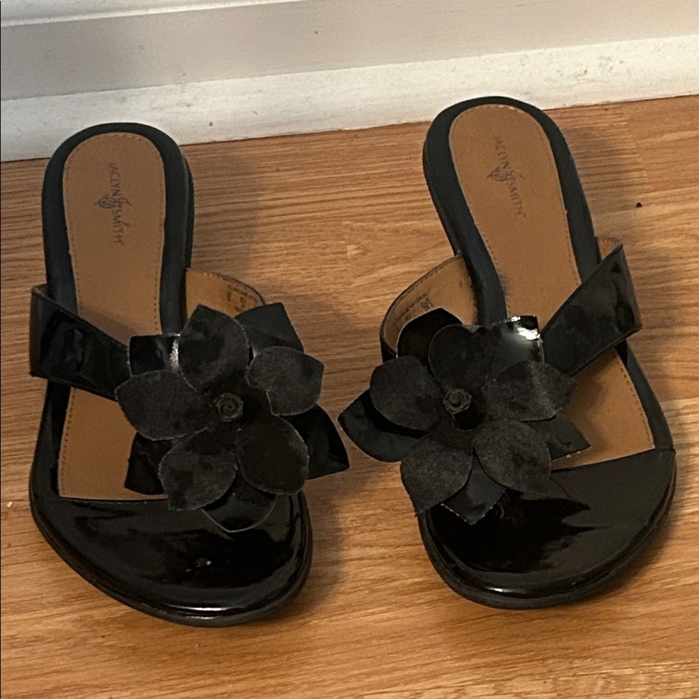 Jaclyn Smith Black Women's Slip On Sandals with Floral Accent
